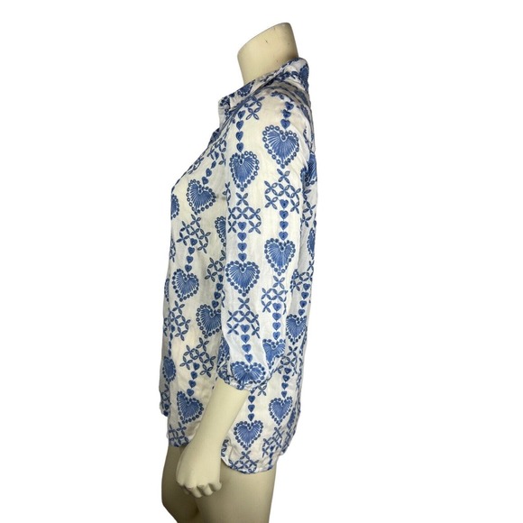 Johnny Was Jade Heart Embroidered Top Size XS Maeve Button Down White Blue Boho - Picture 3 of 12
